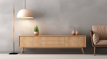 A dark gray wooden chest of drawers with a lamp standing on it against the background of a concrete wall. A modern piece of furniture in a rustic style. - obrazy, fototapety, plakaty