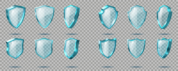 3d shield. Clean protect secure, glass silver isolated heraldic element, blue icon with transparent light different forms and angles view, realistic guard button. Vector isolated design