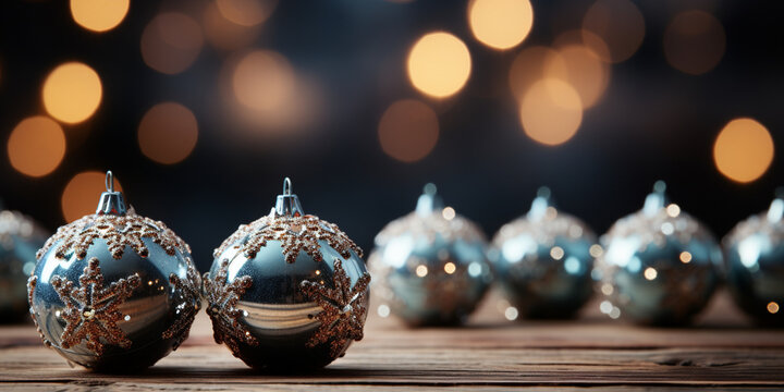 Christmas tree decoration gray balls on the old wooden table arrange and nip on the top Christmas ornament set isolated on blur  defocused lights reflect from ball black and gold background.