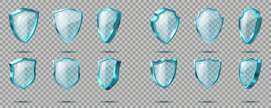 3d shield. Clean protect secure, glass silver isolated heraldic element, blue icon with transparent light different forms and angles view, realistic guard button. Vector isolated design