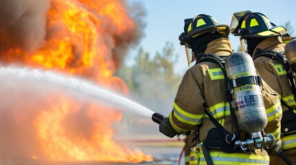 Fototapeta premium Glimpse into the challenging and demanding world of firefighting. Experience the adrenaline rush as firefighters face dangerous situations with skill, courage, and unwavering determination.