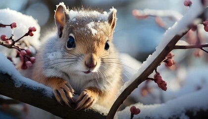 squirrel in the snow. squirrel on a tree. squirrel on snowy branch in winter landscape during winter time. cold weather. wildlife in snow. Sciuridae. squirrel. orange squirrel