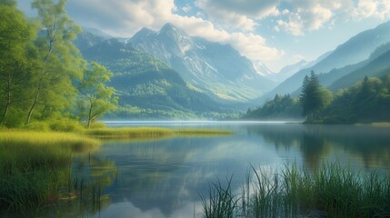 AI generated illustration of a picturesque small lake glistening under the warm sunlight