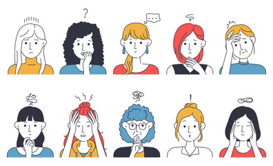 Anxiety woman. Female face. Trouble person icons. Stress and dissatisfaction. Cute teacher in simple glasses. Thoughtful sad girl. Unhappy emotion expressions. Vector illustrations set