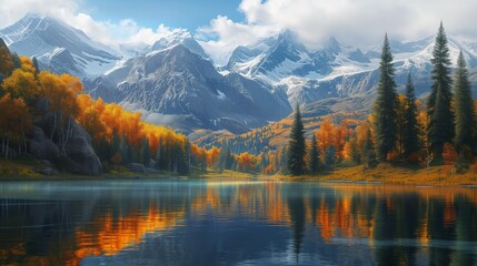 AI generated illustration of captivating mountain and a lake view - obrazy, fototapety, plakaty