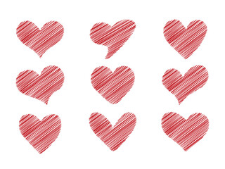 Red hearts with trendy scribble texture. Set of love symbol for web site logo, mobile app UI design. Design elements for Valentine's day