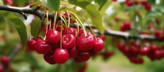 cherry tree bursting with ripe and nearly ripe cherry fruits