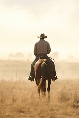 A man riding a horse wearing a cowboy hat in the dust of the prairie.
