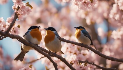 beautiful little birds are sitting next to each other on a branch in a Sunny spring Park