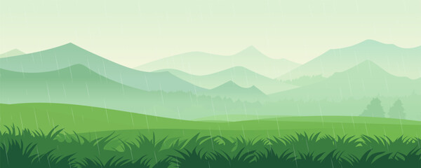 Summer rain against the backdrop of a beautiful landscape of green meadows, fields, grass, mountains and hills. Rainy landscape. Morning dew. Vector illustration for design or print. - obrazy, fototapety, plakaty