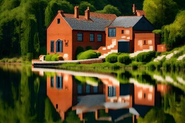 Fototapeta na wymiar red house on river Generated with AI.