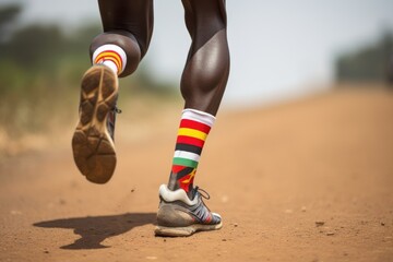 African-American sportsman in sneakers runs along wet dirt track at countryside closeup