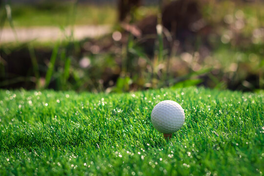 Golf ball close up on tee grass on blurred beautiful landscape of golf background. Concept international sport that rely on precision skills for health relaxation