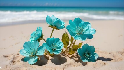 Serene Blue Flowers: Coastal Beauty with Blooming Plants on the Beach