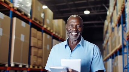 Accountant carefully examining invoices in a busy warehouse setting. Smiley middle-aged African American man stands in a warehouse with a papers and checks the statements for the presence of goods