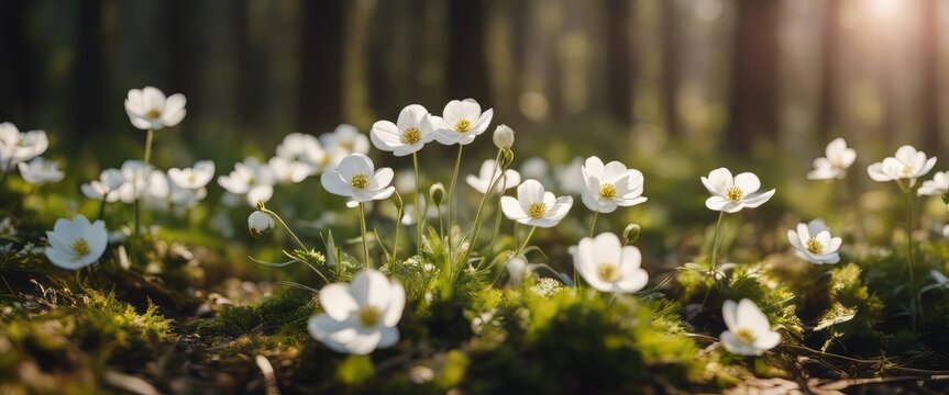 Fototapeta Beautiful white flowers of anemones in spring in a forest close-up in sunlight in nature.