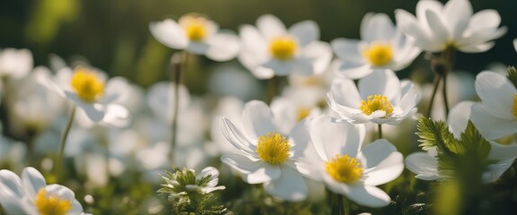 Beautiful white flowers of anemones in spring in a forest close-up in sunlight in nature.