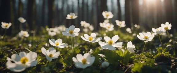 Beautiful white flowers of anemones in spring in a forest close-up in sunlight in nature.