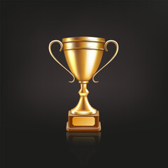 Trophy cup. 3d gold award for soccer or football golden champion winner, sport championship win. Leadership and success symbol. Achievement sign. Vector realistic prize isolated