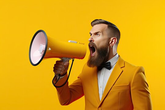 businessman shouting through megaphone