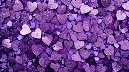 Background covered with purple heart-shaped confetti, creating a vibrant and festive atmosphere, often associated with celebrations, romance, or special occasions like Valentine's Day.