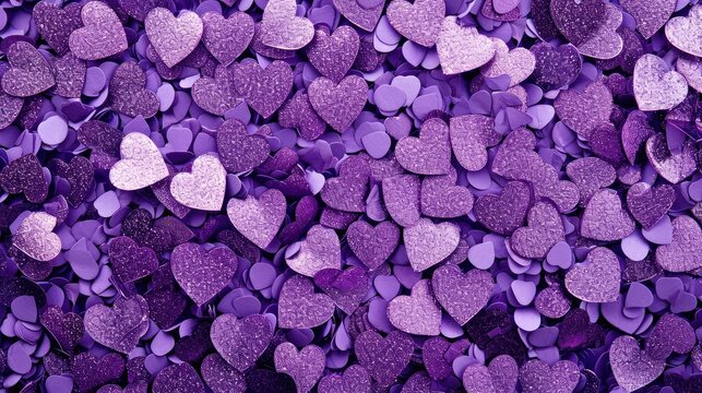 Background covered with purple heart-shaped confetti, creating a vibrant and festive atmosphere, often associated with celebrations, romance, or special occasions like Valentine's Day.