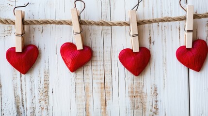 Valentine's Day, red felt hearts hanging from a twine string by clothespins against a weathered wooden backdrop