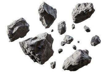Asteroids swarm of boulders or stone meteorite isolated on transparent png background, flying rock in the space. - obrazy, fototapety, plakaty
