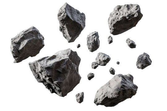 Asteroids swarm of boulders or stone meteorite isolated on transparent png background, flying rock in the space.