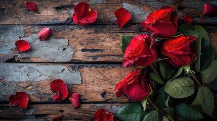 Valentines day, Red roses on wooden background. 