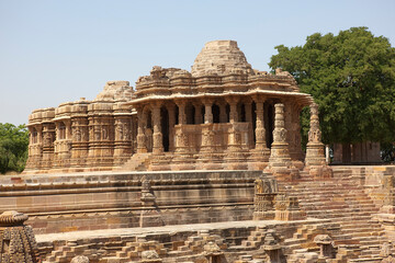 India Modhera Hindu temple on a cloudy winter day