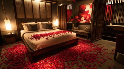 Valentine's day, Romantic bedroom setup with rose petals