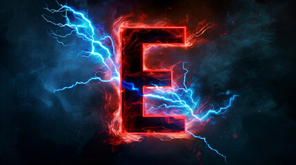 Letter E in black and red with blue lightning.