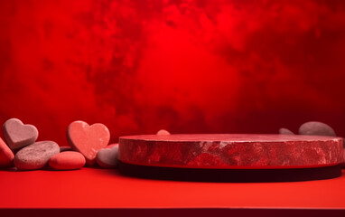 Empty wood stone podium table Valentine's Day red background with heart's Generated AI