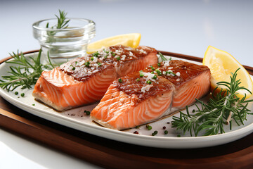 Seared to perfection, a juicy salmon steak boasts tender, flavorful flesh, enhanced by a zesty lemon sauce and fresh herbs