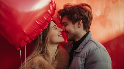 In love couple kissing in the photo studio. Handsome man and beautiful young woman with red  heart shaped balloon, . Happy Valentine's day.