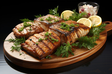 Seared to perfection, a juicy salmon steak boasts tender, flavorful flesh, enhanced by a zesty lemon sauce and fresh herbs