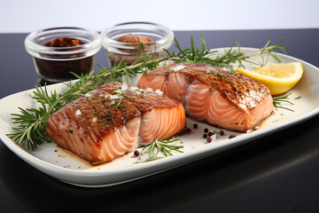 Seared to perfection, a juicy salmon steak boasts tender, flavorful flesh, enhanced by a zesty lemon sauce and fresh herbs