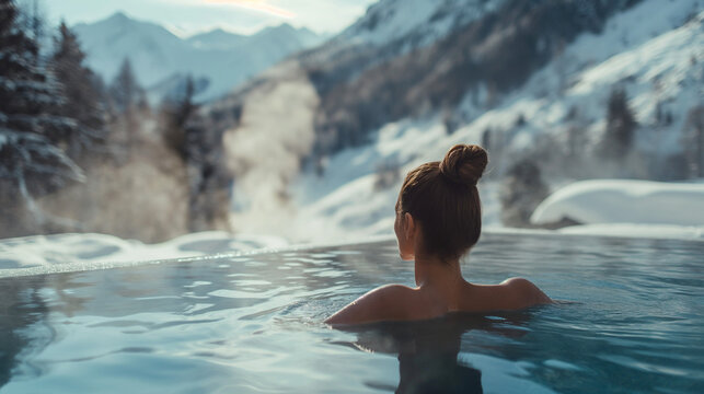 Young woman swims in a pool overlooking the mountains. woman view from the back. relaxation in the spa, relaxation in a hotel in the mountains