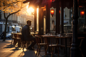 Fototapeta na wymiar A man sitting outside a cafe in paris drinking coffee and tee on a beautiful evening. Ai generated