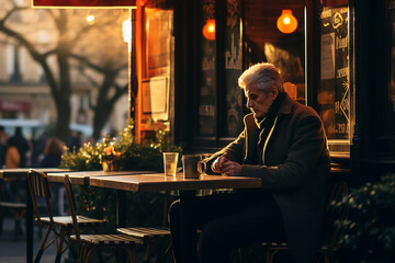 A man sitting outside a cafe in paris drinking coffee and tee on a beautiful evening. Ai generated