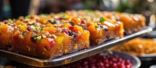 Plum cake served during celebrations in Salalah, Oman. Made with dried fruit, nuts, and enjoyed...