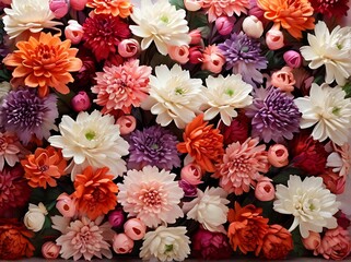 Obraz na płótnie Canvas Beautiful flower wall background with amazing red,orange,pink,purple,green and white chrysanthemum flowers,Wedding decoration,flower,rose,romantic,bouquet,nature,floral,wall,colourful