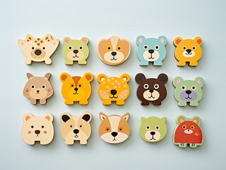 Children's blue background made of wooden toys in the form of various animals. Generated by AI.