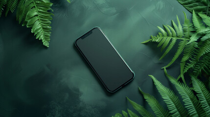 Smartphone mock up screen on teal green background with fern. Mockup mobile phone blank black empty display shop app delivery concept. Top view above, flat lay. 