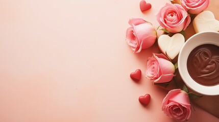 Romantic Valentine's Day Concept: Top View of Red Roses Heart-Shaped Candles and Chocolate Candies on an Isolated Pastel Pink Background – Love and Celebration in Every Detail
