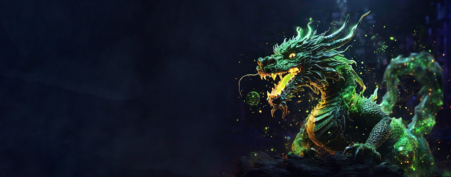 Green dragon in Asian style with yellow particles on a dark background