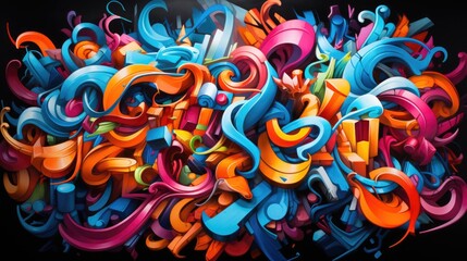 Abstract Urban Graffiti: Dynamic Colorful Graffiti Art with Spray-Painted Swirls, Drips, Bold Lettering in Urban Chaos