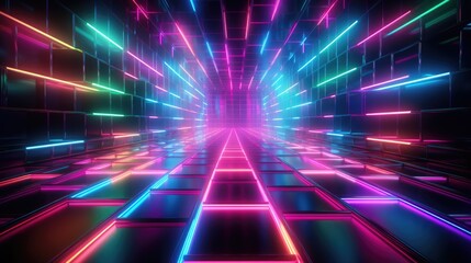 Fototapeta na wymiar Retro Neon Grid: '80s Inspired Neon Grid on Dark Background, Vibrant Pink, Blue, Green Glow, Arcade Game Nostalgia