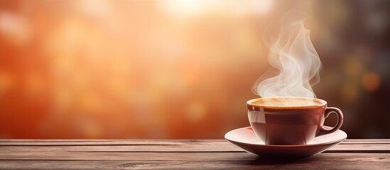 Obraz na płótnie Canvas Red coffee cup, mug with steaming smoke of coffee on old wooden table in morning nature outdoor, garden background, Hot Coffee Drink, Beverage Concept, espresso, breakfast, generative ai